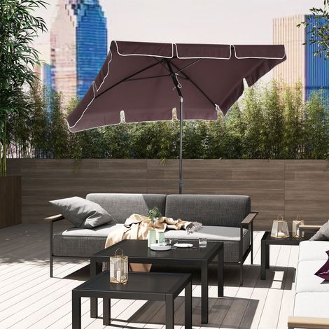 Parasol jardin 2×1,3m inclinable 4 lattes aluminium polyester 160g/m² anti-UV, café (1/4)