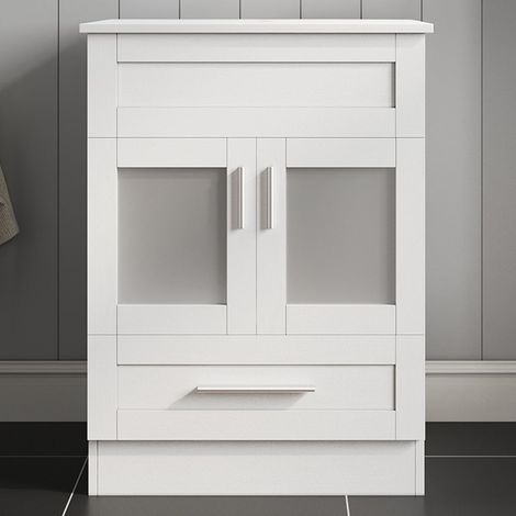 Puluomis Bathroom Sink Cabinet Unit, Tempered Glass Basin, Hand-painted Washbowl, with Chrome Tap, Waste, Water Supply Lines, White