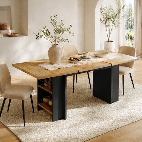 Ausziehbarer MDF-Tisch 120–160 x 80 cm mit Ablagen, Naturholz und Schwarz (1/5)
