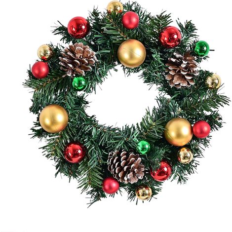 Weihnachtskranz mit Weihnachtskugeln, schneebedeckter Kranz mit Tannenzapfen, künstlicher Weihnachtskranz mit Tannenzapfen und Blättern, Weihnachtskränze für Haustür, Garten, Gold und Rot (1/2)