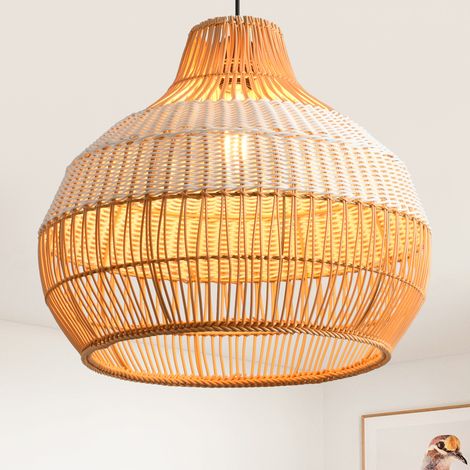 Parrot Uncle Rattan Pendelleuchte 43 cm mit Bambus-Lampenschirm, Boho Hängelampe mit Eisengestell, höhenverstellbar, E27-Fassung, für Esszimmer Wohnzimmer Schlafzimmer Flur, ohne Leuchtmittel