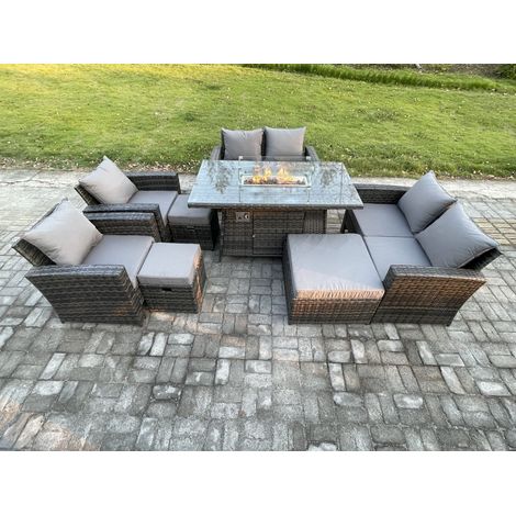 Fimous Gartenmöbel-Set im Freien 8 Stücke Polyrattan Möbel Gas Feuerstelle Esstisch Sofa Set mit 3 Hocker Dunkelgrau Gemischt (1/5)