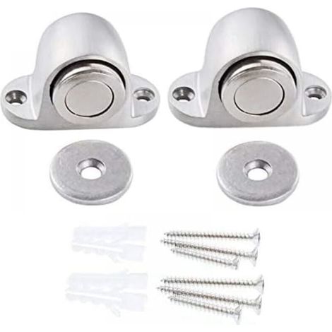 Lot de 2 butées de porte magnétiques en acier inoxydable avec vis, arrêt de porte mural argenté pour maison, école et bureau (1/4)