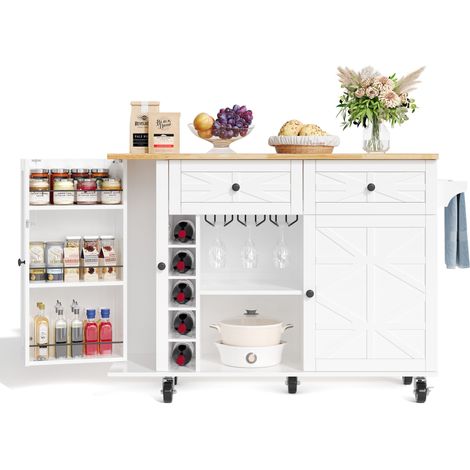 Îlot de cuisine avec plan de travail rabattable, équipé de 5 roulettes verrouillables, étagère de porte, casier à vin et porte-verres, blanc, 120 × 45(70) × 89 cm