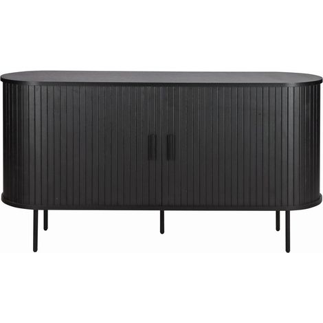 Buffet Bas Noir à Portes Coulissantes Aspect Lattes et Pieds en Métal Style Scandinave - PANGIVO (1/5)