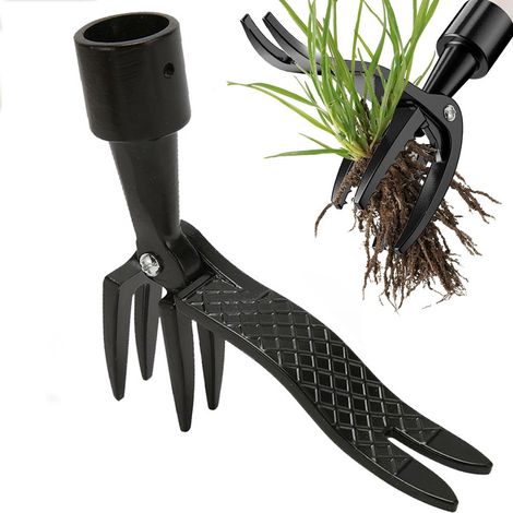 Fuleadture Outil d'arrachage de mauvaises herbes, désherbeur manuel sur pied à 4 griffes, outil d'arrachage de mauvaises herbes à poignée détachable pour le jardin (sans poignée) (1/5)
