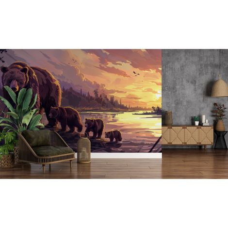 Papier peint animaux famille dours au coucher du soleil - 150 x 250 cm (1/2)