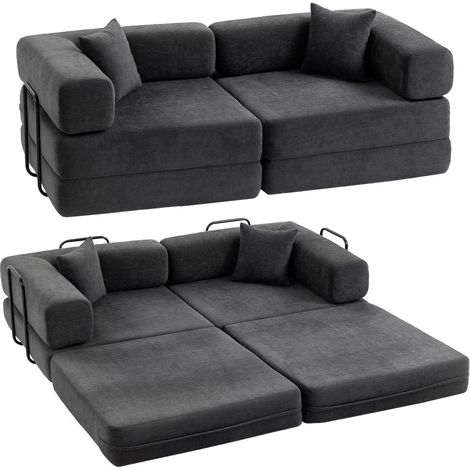 Canapé Lit Convertible 2 Places Pliable 5 en 1 AoSenYunZhou en Chenille Mousse Haute Densité avec 2 Coussins Gris Foncé (1/5)
