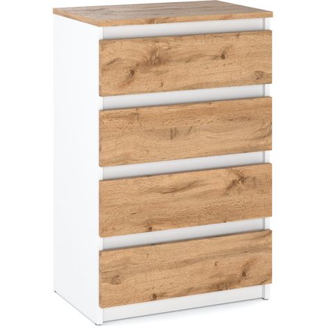 Commode Wotan 4 tiroirs en chêne blanc – Meuble TV 60 cm – Façades sans poignées – Glissières à billes pour usage fluide (1/4)