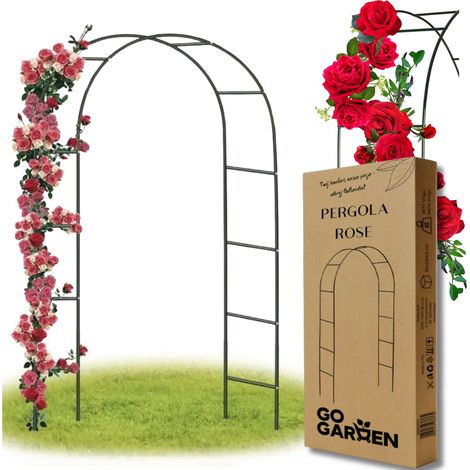 Pergola de jardin en arche métallique pour rosiers, fleurs grimpantes, 240x140 cm, ancrages (1/5)