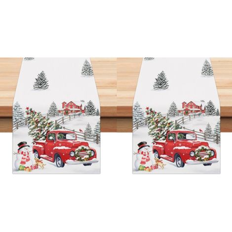 Camino de mesa navideño con diseño de camión, 33 x 183 cm, abeto nevado, muñeco de nieve, coche rojo, decoración de mesa invernal (2 piezas) (1/5)
