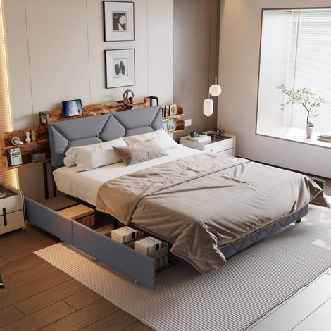 Lit double 160 x 200 cm - dossier ergonomique - port USB Type-C - Sommier Ă lattes - design moderne. (1/5)