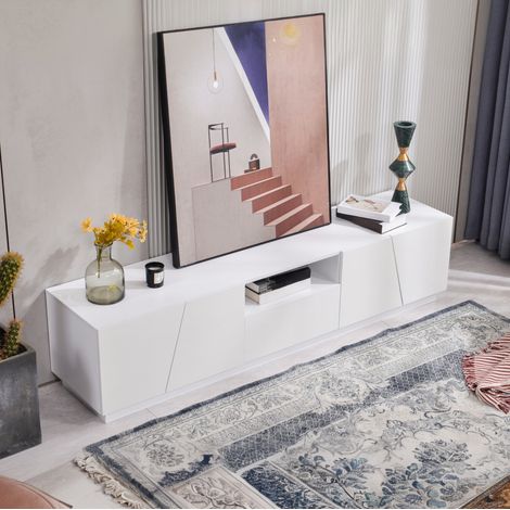 Meuble TV 170 cm blanc en MDF, design patchwork diagonal HAVRYA (1/5)
