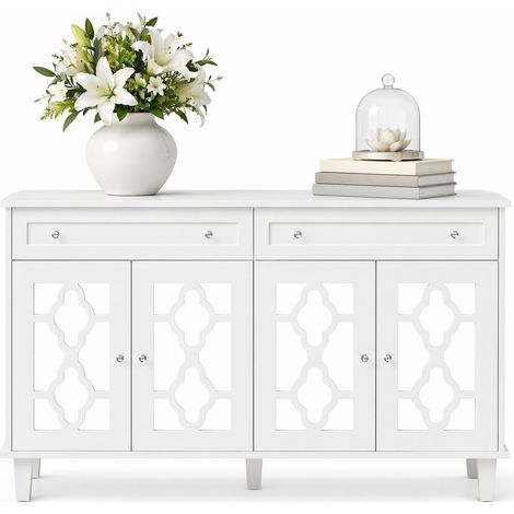Credenza con quattro ante a specchio, due cassetti lunghi, ripiani interni regolabili e maniglie effetto cristallo, mobile moderno in MDF bianco  CHICFURN (1/5)