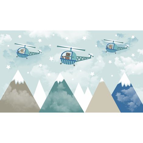 Papier peint panoramique Enfants - Montagnes Hélicoptères - 130 cm x 75 cm (1/2)