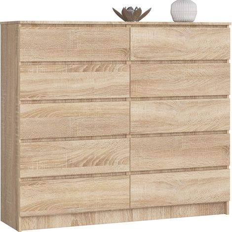 Akord – Commode enfant 10 tiroirs chêne sonoma 138x40x121 cm – Panneau stratifié – Finition mate – Limiteur d'extension de tiroir (1/5)