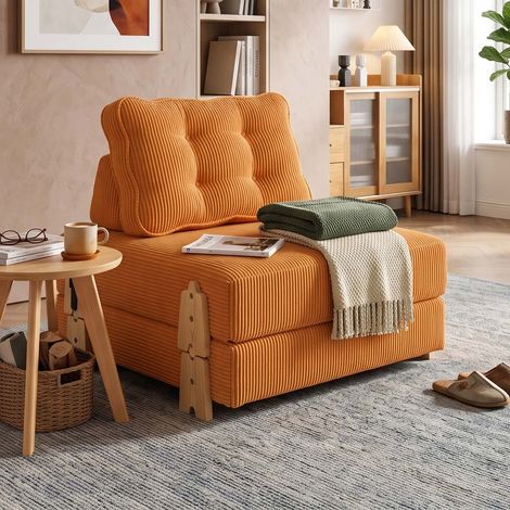 Creahappy Fauteuil Convertible 1 Place 90x170 cm - Chauffeuse Lit d'Appoint Gain de Place - Velours Côtelé Scandinave Orange (1/5)