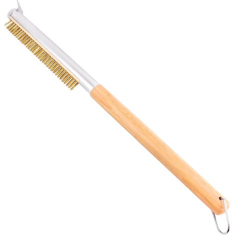 Brosse Four à Pizza avec Racloir, Poils en Laiton, 52 cm Brosse pierre à pizza avec manche en bois et bouton de montage facile, résistante à la chaleur, pour fours extérieurs (1/5)