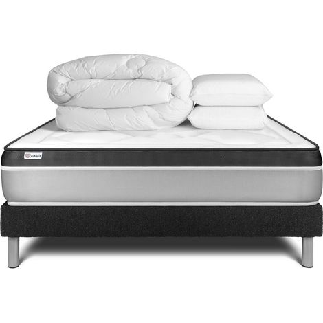Komplettpaket Bett - Matratze 140x200 cm + Boxspringbett mit Lattenrost (im Set) + 2 Kopfkissen + Bettdecke - Vital Ergo