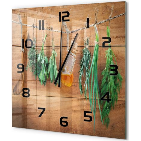 Grande Horloge Murale Carrée Décoration Murale Verre Trempé Design Artistique Herbes sur une ficelle 60x60 cm (1/5)