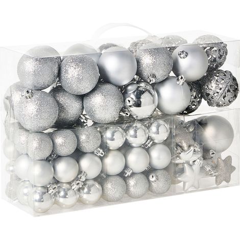 Set of 102 Christmas Baubles Silver Plastic Hanging Decor Traditional Style Holiday Tree Different Shapes BANDAK