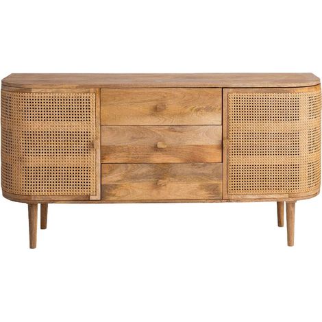 Made In Meubles – Buffet en bois de manguier et rotin Palma – Dimensions 80x160x40 cm – Rangement avec 2 portes et 3 tiroirs – Style bohème (1/5)