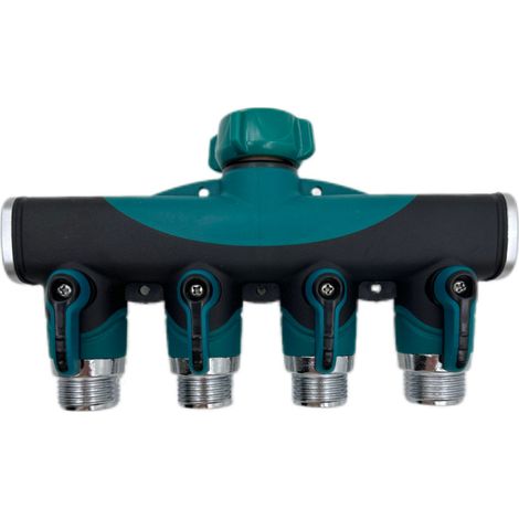 Four-way diverter valve for garden irrigation  Connector made of metallized zinc alloy with valve  Four-way water line connection with independent control