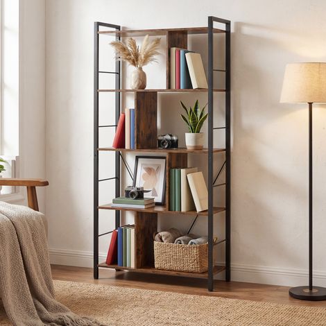 Bibliothèque à 5 Niveaux, Étagère de Bureau, Compartiments Ouverts, Design Industriel, Marron et Noir (1/5)
