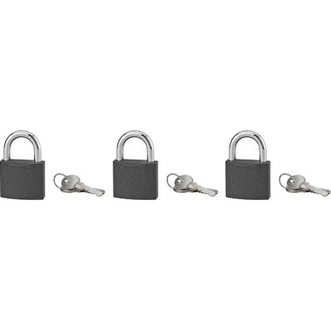 Lot de 3 cadenas BASIC gris à clé, base 50 mm, anse acier cémenté, s'entrouvrant, 3 clés/cad. - SP
