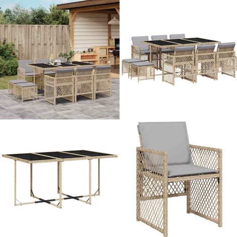 vidaXL 11-tlg. Garten-Essgruppe mit Kissen Beige Poly Rattan (1/5)