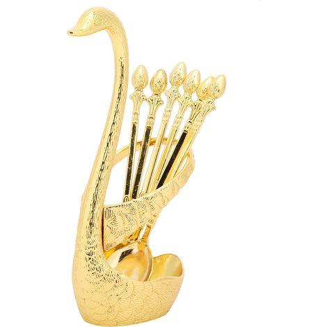 Ensemble de 6 cuillères à dessert en alliage de zinc en forme de cygne, pour fruits et desserts, vaisselle de cuisine et accessoires de mariage (dorées). (1/5)