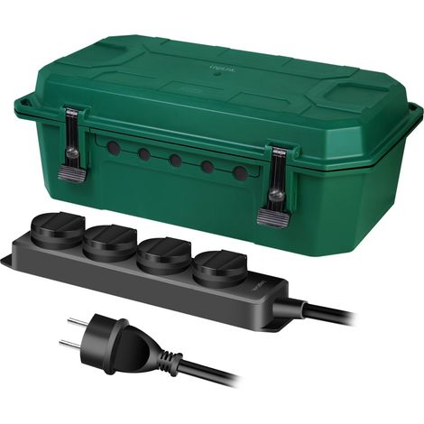 Multipresa con 4 prese, 5 m, 230 V, compatibile con Logilink Cable Box, per esterni, IP54, resistente alle intemperie, per giardino, terrazzo, balcone, colore verde. (1/5)