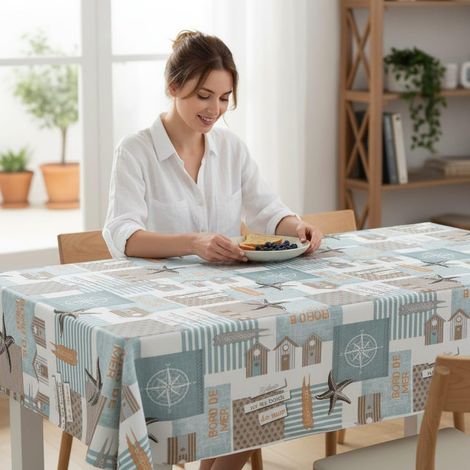 Nappe Toile cirée Lavable carrée 140x140 cm Starfish Turquoise (1/5)
