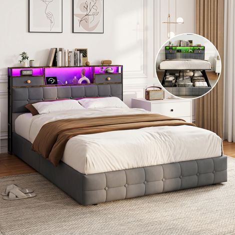 Bett 160x200 cm – Bett mit Stauraum 160x200 cm mit LEDs – Erwachsenenbett 160x200 – Kopfteil mit 2 Schubladen und Stauraum – dunkelgrauer Samt