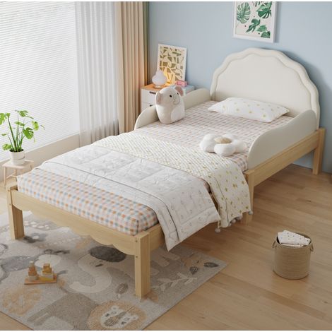 Cama individual infantil tapizada, madera beige/natural 90x200 cm con cabecero de PU, barandillas laterales y somier de láminas