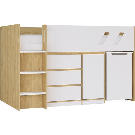 Vente-Unique – Lit combiné 90 x 190 cm avec bureau et rangements – 3 tiroirs et 1 niche – Coloris naturel et blanc – Charge max 80 kg