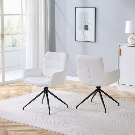[2er-Set] Europäischer Drehstuhl im leichten Luxus-Design: Weiße PU-Beschichtung + schwarze Metallbeine, 360° schalldrehend, 2er-Set für Esszimmer / Entspannungsbereiche.