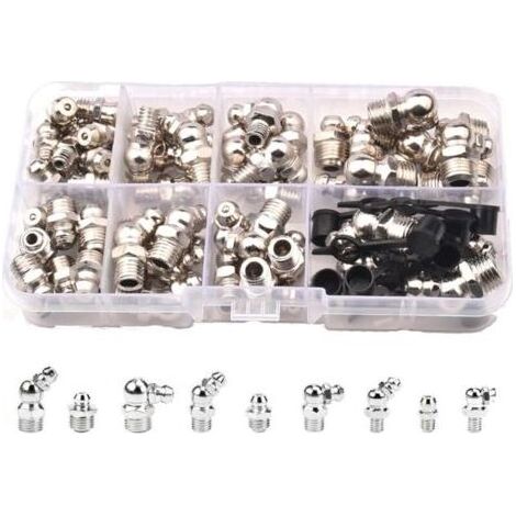 Assortiment de graisseurs - Kit de graisseurs coniques pour presses à graisser - coniques M6 M8 M10 - Raccord de graisse hydraulique droit 45 ° 90 ° 180 ° avec boîte de rangement (1/4)