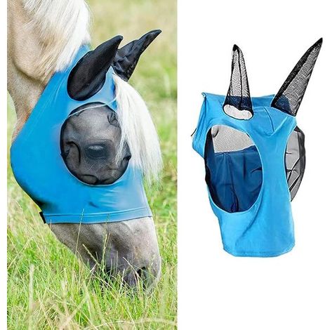 Pferdebremsenmaske Maske mit Ohren Insektenschutz Atmungsaktives Lycra 110 cm Länge Blau