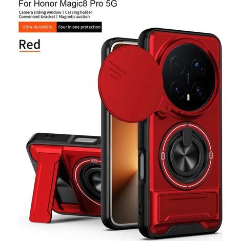 (Rouge, Honor Magic8 Pro) Étui de protection 2-en-1 avec anneau magnétique et cache-objectif coulissant (1/5)