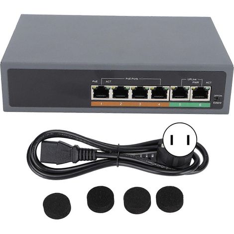 Commutateur PoE, conforme à la norme IEEE 802.3af/at, 100 Mbps, petit, compact, silencieux, sans ventilateur, commutateur PoE de bureau à 6 ports, adapté aux points d'accès sans fil, prise 100-240 VUS (1/5)