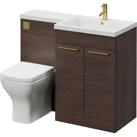 Napoli 460 Brown Oak 1100mm 2 Door Vanity Unit Toilet Suite with Right Hand Square Lucia Basin - 1100mm - Brushed Brass 160mm HandleWith Kingston Toilet Pan and Seat