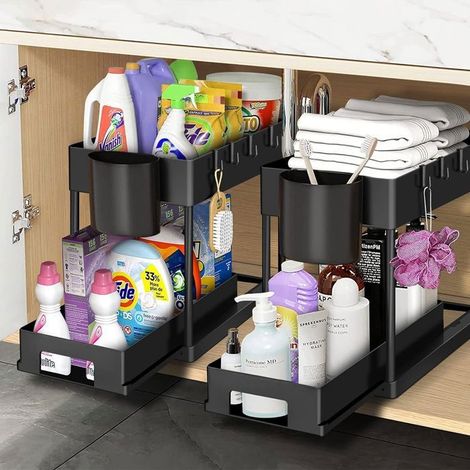 Lot de 2 Meuble Sous Evier-Organisateur sous Evier Tiroir Coulissant à Extraction - Rangement Et Organisation De Cuisine,Noir