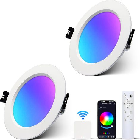 Spot LED Encastrable 10W RGBW Dimmable 220V, Multicouleurs 2700K-6000K Intensité Réglable, LED Extra Plat avec passerelle intelligente et télécommande, Φ90-100mm, Lot de 2 (1/5)