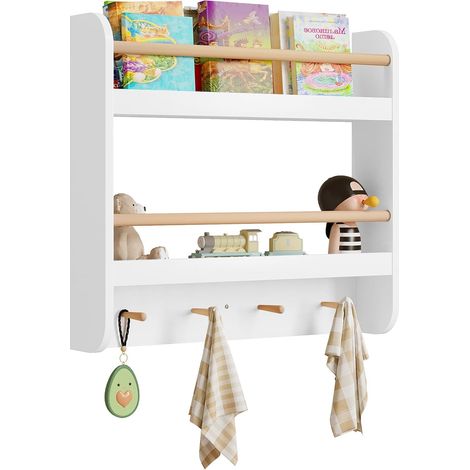 WOLTU Kids Bookshelf Bookcase Toy Organiser Storage With 4 Hooks, White