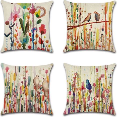 Throw Pillow Covers 45 x 45 cm, Set of 4 Linen Cushion Covers, Flower Bird of Life Decorations for Sofa, Outdoor Garden, Bed, Couch, Car (18 x 18 inch) (1/5)