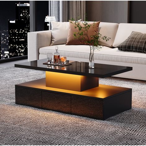 Tavolino da caffè in truciolare nero 100 cm con LED dimmerabile, 1 cassetto e ripiano aperto (1/5)