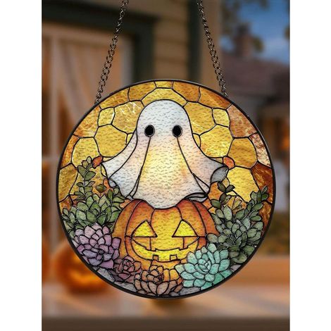 Attrape-soleil 12,5cm fantôme Halloween en vitrail, suspension festive pour fenêtre (1/5)