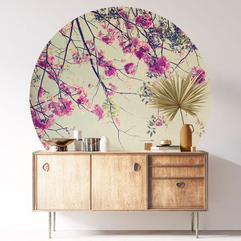 Sticker mural rond / cercle - Fleurs - Diamètre 90 cm - Adhésif MAT (1/3)
