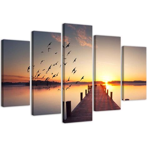 Quadri Quadro 5 pezzi Stampa su tela Passerella Uccelli al tramonto - 100x70 (1/5)